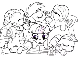 Size: 970x723 | Tagged: applejack, artist:drawponies, book, cuddle puddle, cuddling, cute, daaaaaaaaaaaw, derpibooru import, eyes closed, filly, floppy ears, fluttershy, gummy, mane seven, mane six, on back, open mouth, pillow, pinkie pie, pony pile, prone, rainbow dash, rarity, reading, safe, sleeping, smiling, spike, twilight sparkle, younger