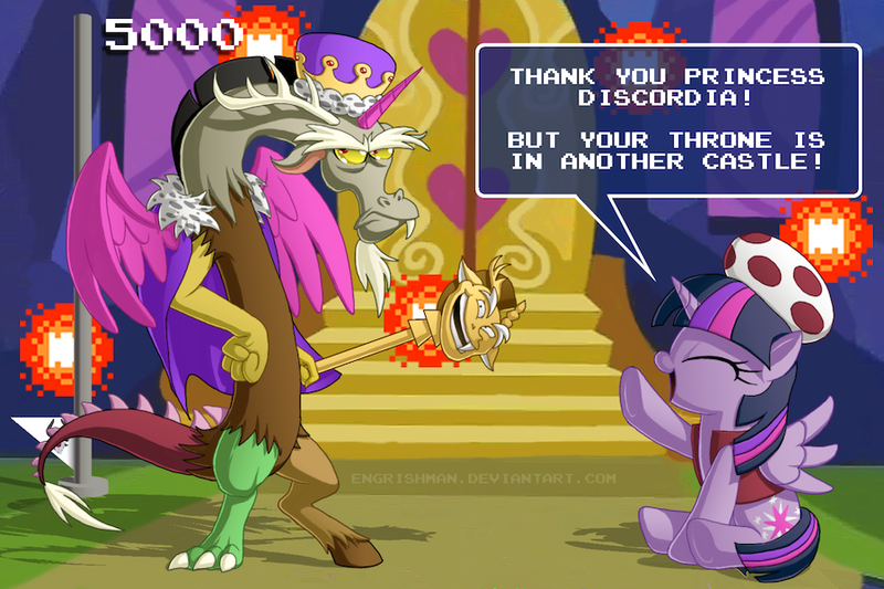 Size: 900x600 | Tagged: safe, artist:berrypawnch, derpibooru import, discord, twilight sparkle, twilight sparkle (alicorn), alicorn, pony, cape, clothes, cosplay, female, hat, in another castle, mare, mushroom hat, parody, princess discord, scepter, scowl, sitting, speech bubble, super mario bros., toad (mario bros), trollcord, trolled, trollface, trollight sparkle, trolling, vest