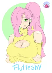 Size: 2480x3507 | Tagged: artist:skyraptor, big breasts, boob window, breast hold, breasts, busty fluttershy, cleavage, clothes, derpibooru import, female, fluttershy, human, humanized, off shoulder, ponytail, solo, source needed, suggestive, sweater, sweatershy