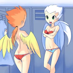 Size: 894x894 | Tagged: artist:drantyno, belly button, blue underwear, breasts, buttcrack, clothes, derpibooru import, female, fleetfire, fleetfoot, frilly underwear, human, humanized, lesbian, locker room, panties, red underwear, ribbon, shipping, spitfire, suggestive, topless, underwear, winged humanization, wonderbolts