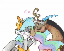 Size: 1280x1036 | Tagged: safe, artist:frankilew, derpibooru import, discord, princess celestia, blushing, dislestia, eyes closed, female, kissing, male, shipping, straight, traditional art