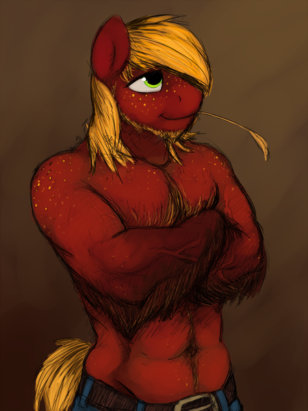 Size: 1500x2000 | Tagged: abs, anthro, artist:gordonfreeguy, bare chest, beard, belt, biceps, big macintosh, clothes, crossed arms, derpibooru import, fluffy, freckles, handsome, muscles, pants, safe, solo, stupid sexy big macintosh, topless