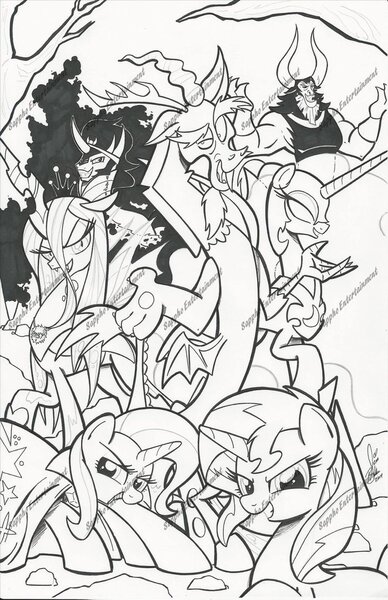 Size: 719x1111 | Tagged: safe, artist:ponygoddess, derpibooru import, discord, king sombra, lord tirek, nightmare moon, queen chrysalis, sunset shimmer, trixie, oc, oc:fluffle puff, pony, antagonist, black and white, grayscale, lineart, monochrome