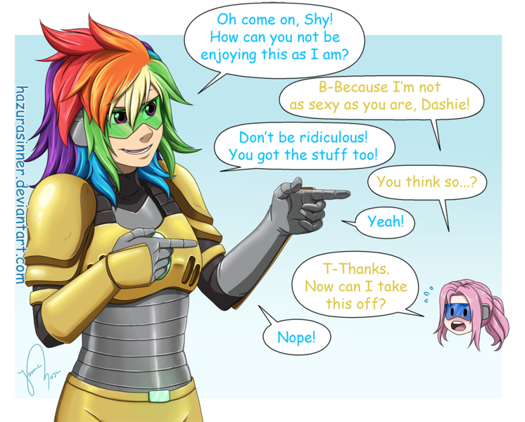 Size: 1213x975 | Tagged: safe, artist:hazurasinner, derpibooru import, fluttershy, rainbow dash, human, armor, blushing, comic sans, female, flutterdash, hmd, humanized, lesbian, shipping, speech bubble