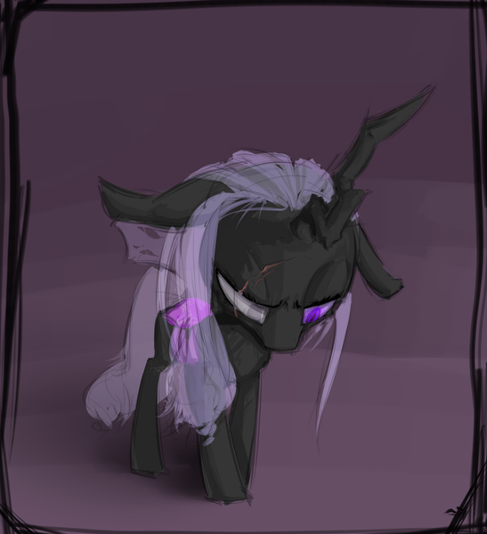 Size: 1379x1512 | Tagged: artist:eto ya, blind eye, changeling, changeling queen, changeling queen oc, derpibooru import, eye scar, female, head down, oc, oc:lacera, purple background, purple changeling, safe, scar, simple background, solo, unofficial characters only