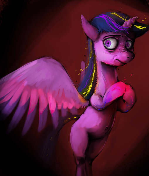 Size: 2916x3443 | Tagged: safe, artist:sharpieboss, derpibooru import, twilight sparkle, twilight sparkle (alicorn), alicorn, pony, belly button, dark, female, mare, rainbow power, rainbow power-ified, sad, solo