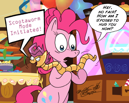 Size: 444x356 | Tagged: artist:fractiouslemon, balloon, comic, derpibooru import, earthworm jim, pinkie pie, safe, scootaloo