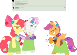 Size: 2969x2149 | Tagged: safe, artist:zacatron94, derpibooru import, apple bloom, scootaloo, sweetie belle, pony, bipedal, clothes, cutie mark crusaders, grass skirt, hula, hulabelle, hulabloom, hulaloo, lei, request, skirt, ukulele
