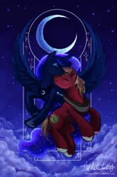 Size: 726x1100 | Tagged: safe, artist:whitestar1802, derpibooru import, big macintosh, princess luna, earth pony, pony, cloud, cloudy, crescent moon, cute, eyes closed, flying, lunamac, male, moon, night, nuzzling, shipping, sky, smiling, spread wings, stallion, straight