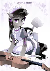 Size: 600x850 | Tagged: safe, artist:yuki-zakuro, derpibooru import, octavia melody, earth pony, pony, semi-anthro, broom, cello, clothes, female, looking at you, maid, mare, musical instrument, solo