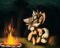 Size: 3150x2520 | Tagged: safe, artist:otakuap, derpibooru import, applejack, oc, oc:fluffy the bringer of darkness, earth pony, giant moth, insect, moth, pony, animal, campfire, facemoth, female, fire, freckles, giant insect, hat, log, mare, raised hoof, raised leg, solo, tree