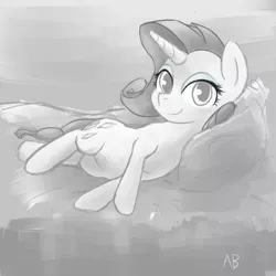 Size: 3000x3000 | Tagged: safe, artist:ab, derpibooru import, rarity, bed, monochrome, solo