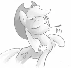 Size: 2060x1980 | Tagged: safe, artist:ab, derpibooru import, applejack, monochrome, one eye closed, raised hoof, solo