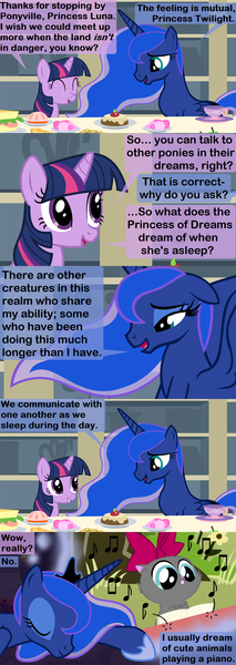 Size: 1120x3150 | Tagged: safe, artist:beavernator, derpibooru import, princess luna, twilight sparkle, twilight sparkle (alicorn), alicorn, pony, comic, dream, female, keyboard cat, kitten, mare, piano, sleeping