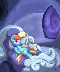 Size: 1280x1536 | Tagged: safe, artist:thenicestperson, derpibooru import, derpy hooves, rainbow dash, pegasus, pony, bed, cuddling, derpydash, female, lesbian, mare, shipping, snuggling