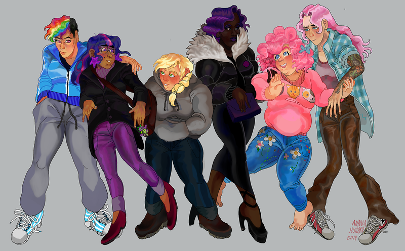 Size: 1280x793 | Tagged: applejack, artist:maroonracoon, barefoot, blushing, clothes, converse, dark skin, derpibooru import, diversity, earring, feet, fluttershy, grin, high heels, hug, human, humanized, jacket, mane six, open mouth, pinkie pie, rainbow dash, rarity, safe, shoes, smiling, spike, sweater, twilight sparkle, undercut, why meph why