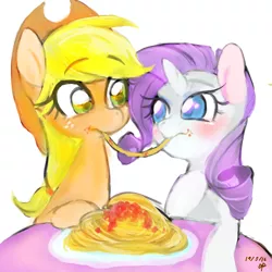 Size: 600x600 | Tagged: safe, artist:kyubi, derpibooru import, applejack, rarity, earth pony, pony, unicorn, blushing, eating, female, food, lady and the tramp, lesbian, looking at each other, mare, pasta, rarijack, shipping, spaghetti, spaghetti scene