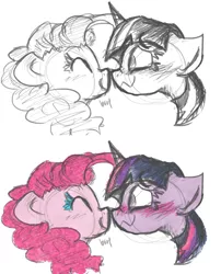 Size: 5000x6197 | Tagged: safe, artist:heeeeresizzy, derpibooru import, pinkie pie, twilight sparkle, absurd resolution, blushing, boop, colored eyelashes, eyelashes, eyes closed, female, floppy ears, lesbian, nervous, noseboop, shipping, smiling, traditional art, twinkie, wavy mouth, wide eyes