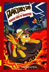 Size: 568x824 | Tagged: bat, bear, beaver, book, book cover, crow, daring do, daring do adventure collection, daring do and the marked thief of marapore, derpibooru import, g.m. berrow, lava, mind control, mojo, rabbit, red eyes, red eyes take warning, safe, volcano