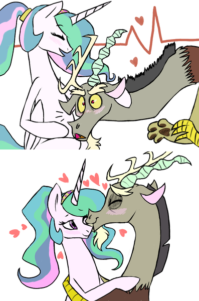 Size: 800x1208 | Tagged: safe, artist:hansuoddie, derpibooru import, discord, princess celestia, alternate hairstyle, blushing, cardiophilia, cute, discute, dislestia, electrocardiogram, female, headband, heartbeat, hug, kissing, listening, male, momlestia, nuzzling, ponytail, preglestia, pregnant, shipping, smiling, straight, wink