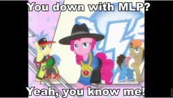 Size: 960x544 | Tagged: derpibooru import, doctor whooves, goldengrape, image macro, meme, naughty by nature, o.p.p., pinkie pie, rapper pie, safe, screencap, sir colton vines iii, song reference, testing testing 1-2-3, time turner