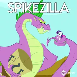 Size: 549x552 | Tagged: safe, derpibooru import, edit, edited screencap, official, screencap, rarity, spike, dragon, pony, unicorn, secret of my excess, coils, cropped, duo, female, fire ruby, greed spike, hub logo, hub network, male, mare, spikezilla, the hub, water tower