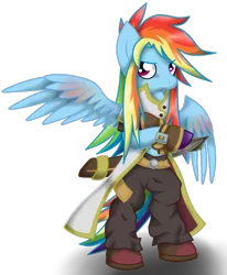Size: 797x968 | Tagged: safe, artist:zeldacourage, derpibooru import, rainbow dash, pegasus, pony, semi-anthro, alternate hairstyle, bipedal, boots, clothes, female, looking at you, luke fon fabre, mare, parody, shoes, simple background, solo, sword, tales of series, tales of the abyss, transparent background, weapon