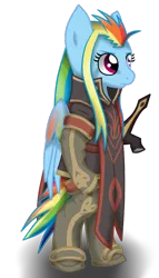 Size: 514x900 | Tagged: safe, artist:zeldacourage, derpibooru import, rainbow dash, pegasus, pony, semi-anthro, abstract background, alternate hairstyle, bipedal, clothes, female, mare, parody, simple background, solo, sword, tales of series, tales of the abyss, weapon