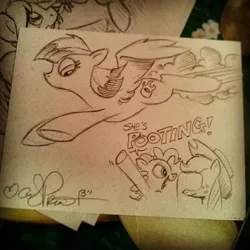 Size: 768x768 | Tagged: safe, artist:andypriceart, derpibooru import, applejack, pinkie pie, wild fire, pegasus, pony, andy you magnificent bastard, facehoof, fart, female, mare, traditional art