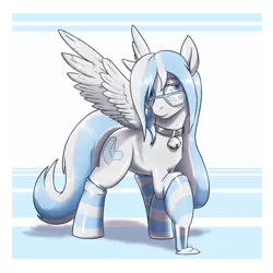 Size: 1280x1280 | Tagged: safe, artist:krd, derpibooru import, oc, oc:stripe shine, unofficial characters only, latex pony, pegasus, pony, bell, bell collar, clothes, collar, glasses, latex, latex socks, socks, solo, striped socks