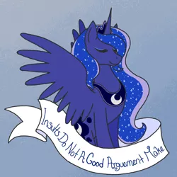 Size: 800x800 | Tagged: artist:lovelywaifu, derpibooru import, eyes closed, mouthpiece, old banner, positive message, positive ponies, princess luna, safe, smiling, solo, spread wings