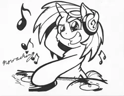 Size: 1018x785 | Tagged: artist:latecustomer, black and white, commission, derpibooru import, grayscale, monochrome, music notes, safe, solo, vinyl scratch