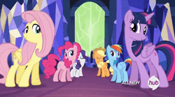 Size: 1266x706 | Tagged: safe, derpibooru import, screencap, applejack, fluttershy, pinkie pie, rainbow dash, rarity, twilight sparkle, twilight sparkle (alicorn), alicorn, earth pony, pegasus, pony, unicorn, twilight's kingdom, all new, animated, blinking, bouncing, cute, dancing, female, hub logo, hubble, let the rainbow remind you, looking at you, mane six, mare, open mouth, singing, smiling, talking, the hub