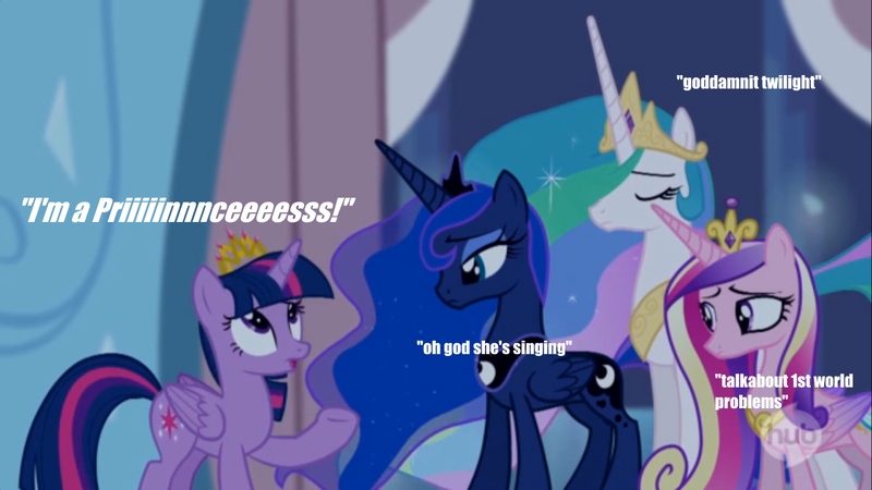 Size: 1366x768 | Tagged: safe, derpibooru import, screencap, princess cadance, princess celestia, princess luna, twilight sparkle, twilight sparkle (alicorn), alicorn, pony, twilight's kingdom, alicorn tetrarchy, eyes closed, female, first world problems, frown, hair over one eye, image macro, inner thoughts, mare, meme, open mouth, unamused