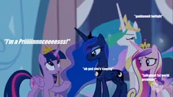 Size: 1366x768 | Tagged: safe, derpibooru import, screencap, princess cadance, princess celestia, princess luna, twilight sparkle, twilight sparkle (alicorn), alicorn, pony, twilight's kingdom, alicorn tetrarchy, eyes closed, female, first world problems, frown, hair over one eye, image macro, inner thoughts, mare, meme, open mouth, unamused