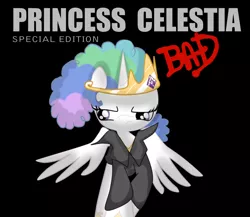 Size: 850x739 | Tagged: afro, album cover, artist:strabarybrick, :c, clothes, derpibooru import, frolestia, frown, glare, jacket, michael jackson, parody, princess celestia, safe, solo, spread wings