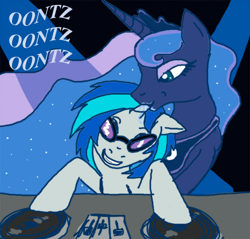 Size: 500x478 | Tagged: artist needed, bedroom eyes, derpibooru import, drool, female, floppy ears, grin, hornjob, lesbian, lunaafterdark, princess luna, questionable, shipping, smiling, turntable, vinyl scratch, vinyluna