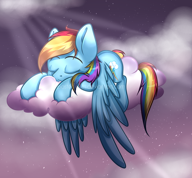 Size: 2700x2500 | Tagged: dead source, safe, artist:pastelflakes, derpibooru import, rainbow dash, pegasus, pony, cloud, cloudy, crepuscular rays, night, obtrusive watermark, on a cloud, sleeping, solo, watermark