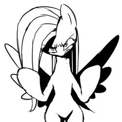 Size: 500x500 | Tagged: safe, artist:30clock, derpibooru import, fluttershy, pony, semi-anthro, angry, big hooves, bipedal, featureless crotch, flutterrage, looking at you, monochrome, pixiv, simple background, solo, spread wings, white background