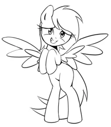 Size: 473x539 | Tagged: safe, artist:30clock, derpibooru import, rainbow dash, pegasus, pony, bipedal, female, grin, looking at you, mare, monochrome, nervous, pixiv, simple background, sketch, smiling, solo, spread wings, white background