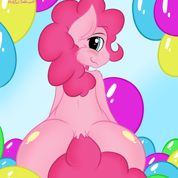 Size: 1000x1000 | Tagged: artist:plushtail, balloon, balloonbutt, blushing, derpibooru import, female, looking at you, looking back, pinkie pie, solo, solo female, suggestive