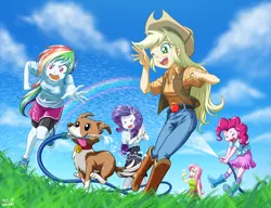 Size: 1040x800 | Tagged: safe, artist:uotapo, derpibooru import, applejack, fluttershy, pinkie pie, rainbow dash, rarity, winona, bird, equestria girls, angry, anime, applejack's hat, belt, boots, bra, clothes, cloud, comedy, compression shorts, cowboy boots, cowboy hat, cute, dashabetes, diapinkes, eyes closed, female, funny, garden hose, grass, green eyes, happy, hat, having fun, hose, jackabetes, jeans, mouth hold, one eye closed, open mouth, pants, pink eyes, raribetes, scared, see-through, see-through shirt, shoes, shorts, shorts over shorts, shrunken pupils, shyabetes, skirt, sky, smiling, sneakers, socks, sunny day, tongue out, tongue sticking out, underwear, visible bra, water spray, wet, wet clothes, wet shirt, wink, winonabetes