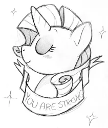 Size: 1280x1514 | Tagged: artist:fuckmysentry, blushing, derpibooru import, eyes closed, mouthpiece, old banner, positive message, positive ponies, profile, rarity, safe, smiling, solo, sparkles, traditional art