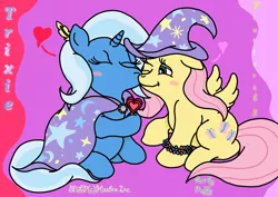 Size: 3189x2255 | Tagged: artist:puffydearlysmith, blushing, derpibooru import, feather, female, fluttershy, heart, kissing, lesbian, safe, shipping, trixie, trixieshy