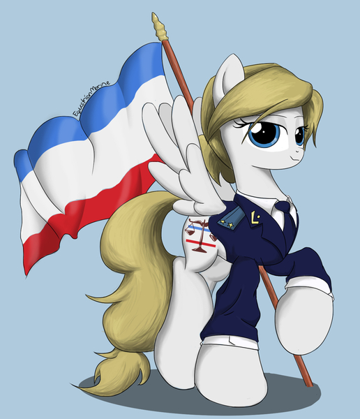 Size: 1300x1512 | Tagged: safe, artist:equestrianmarine, derpibooru import, ponified, pegasus, pony, crimea, flag, hoof hold, looking at you, natalia poklonskaya, smiling, solo, spread wings