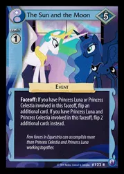 Size: 344x480 | Tagged: canterlot nights, ccg, derpibooru import, enterplay, horns are touching, mlp trading card game, princess celestia, princess luna, safe