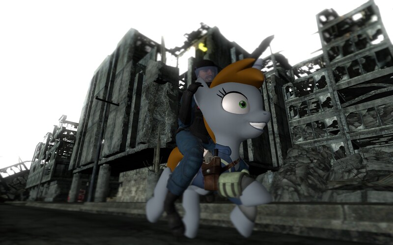 Size: 1680x1050 | Tagged: artist needed, safe, derpibooru import, oc, oc:littlepip, unofficial characters only, human, pony, unicorn, fallout equestria, fanfic, 3d, fallout, fanfic art, female, game, gmod, gun, handgun, hooves, horn, insanity, little macintosh, mare, optical sight, pipbuck, pony ride, revolver, riot gear, ruins, running, smiling, teeth, vault suit, wasteland, wat, weapon