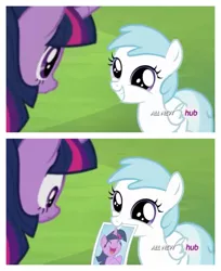 Size: 728x890 | Tagged: safe, derpibooru import, screencap, cotton cloudy, twilight sparkle, twilight sparkle (alicorn), alicorn, pony, trade ya, cotton cloudy reveals, cottonbetes, cute, dilated pupils, eyes closed, female, grin, happy, hub logo, mare, mouth hold, open mouth, smiling, wide eyes