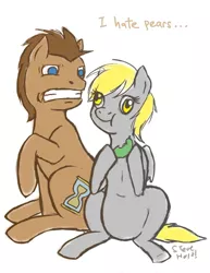 Size: 500x647 | Tagged: safe, artist:steveholt, derpibooru import, derpy hooves, doctor whooves, time turner, pegasus, pony, :t, derp, disgusted, eating, empty eyes, female, gritted teeth, hoof hold, mare, no catchlights, no pupils, pear, raised hoof, simple background, sitting, smiling, that pony sure does hate pears, white background, wide eyes