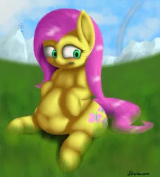 Size: 851x939 | Tagged: artist:php33, belly button, derpibooru import, embarrassed, fat, fattershy, fluttershy, plot, safe, scenery, solo, weight gain